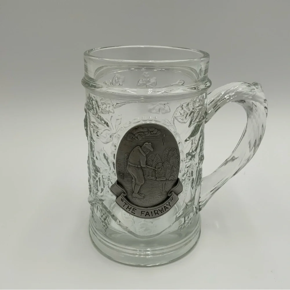 “The Fairway” Heavy Beer Mug Glass Pewter Medallion Golf